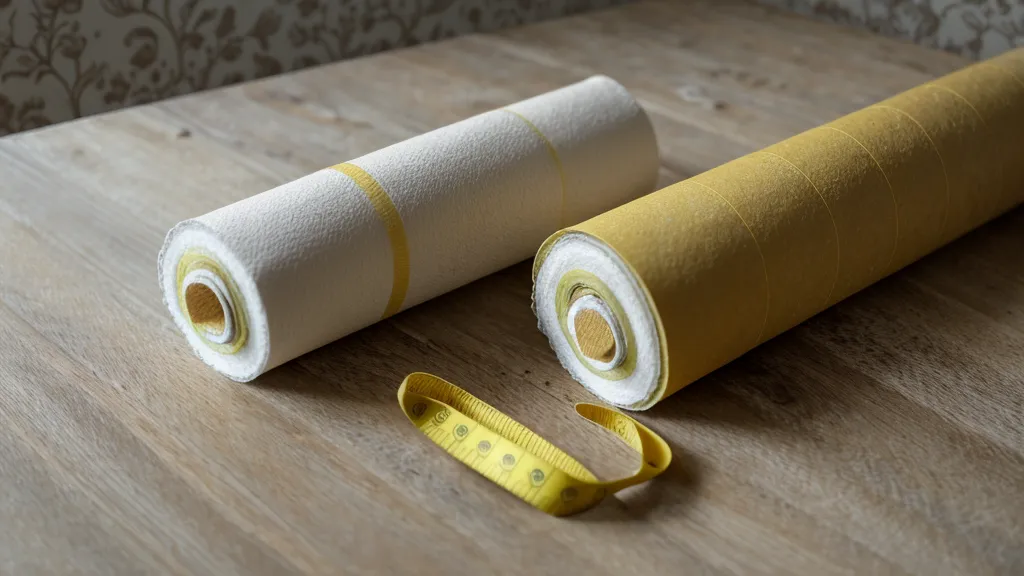 Primer plano de un rollo de papel pintado autoadhesivo con una cinta métrica