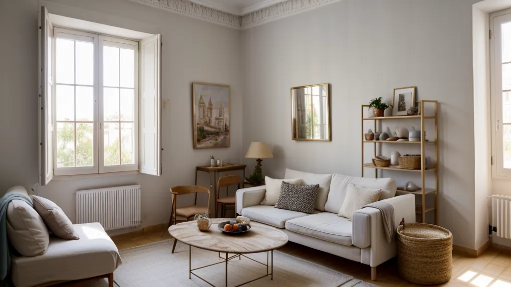 Salón de alquiler con papel pintado en la pared principal bajo luz cálida de atardecer