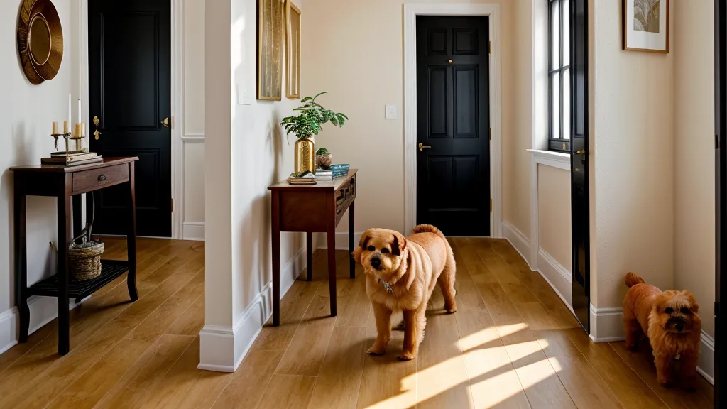 Perro junto a muebles estables en un recibidor pequeño y estrecho a prueba de sustos