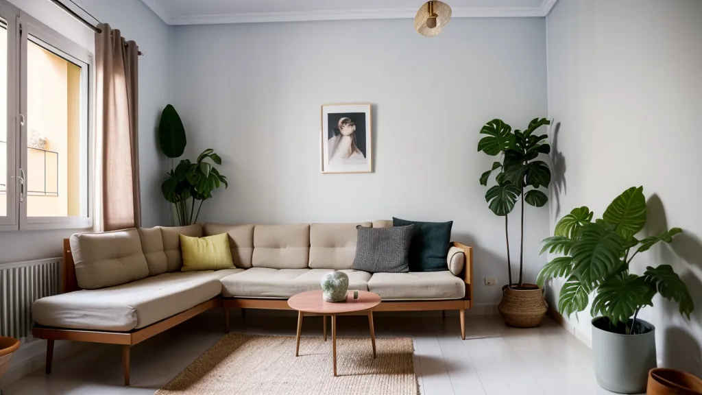 Rincón del salón con luz cálida indirecta y una planta, decoración de un piso de alquiler en Murcia