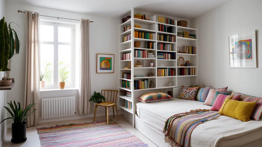 Libros en horizontal y vertical formando triángulos visuales en una estantería pequeña