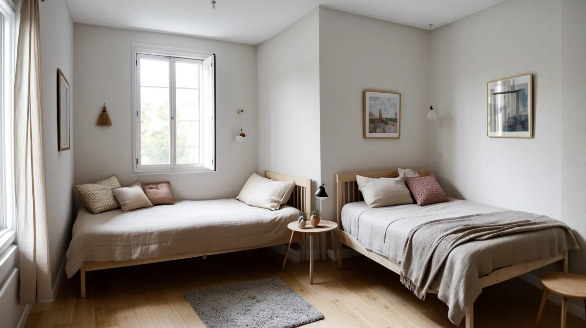 Habitación de invitados pequeña en un piso de alquiler decorada con textiles y luz cálida