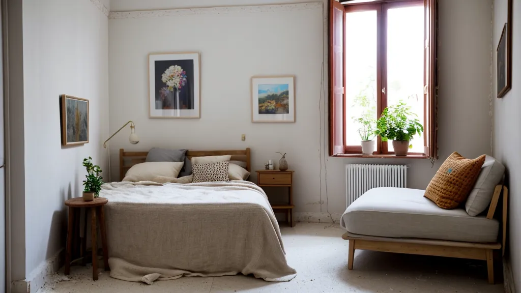 Mesita de noche con lámpara de luz cálida en una habitación de invitados pequeña de un piso de alquiler