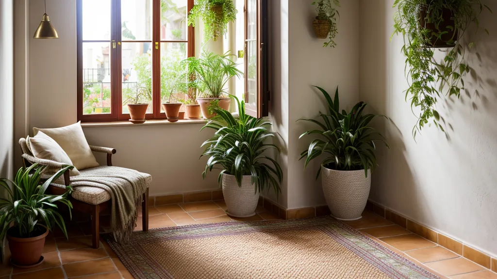 Rincón del salón con la alfombra grande, planta y luz de tarde, ya con las medidas bien calculadas