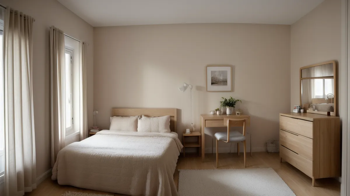 Mesita de noche compacta en un dormitorio pequeño de alquiler, ejemplo de mueble funcional para espacios reducidos