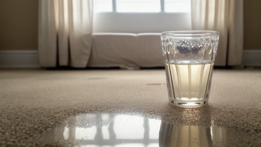 Vaso de agua volcado junto a la cama por no tener mesita de noche en un dormitorio pequeño