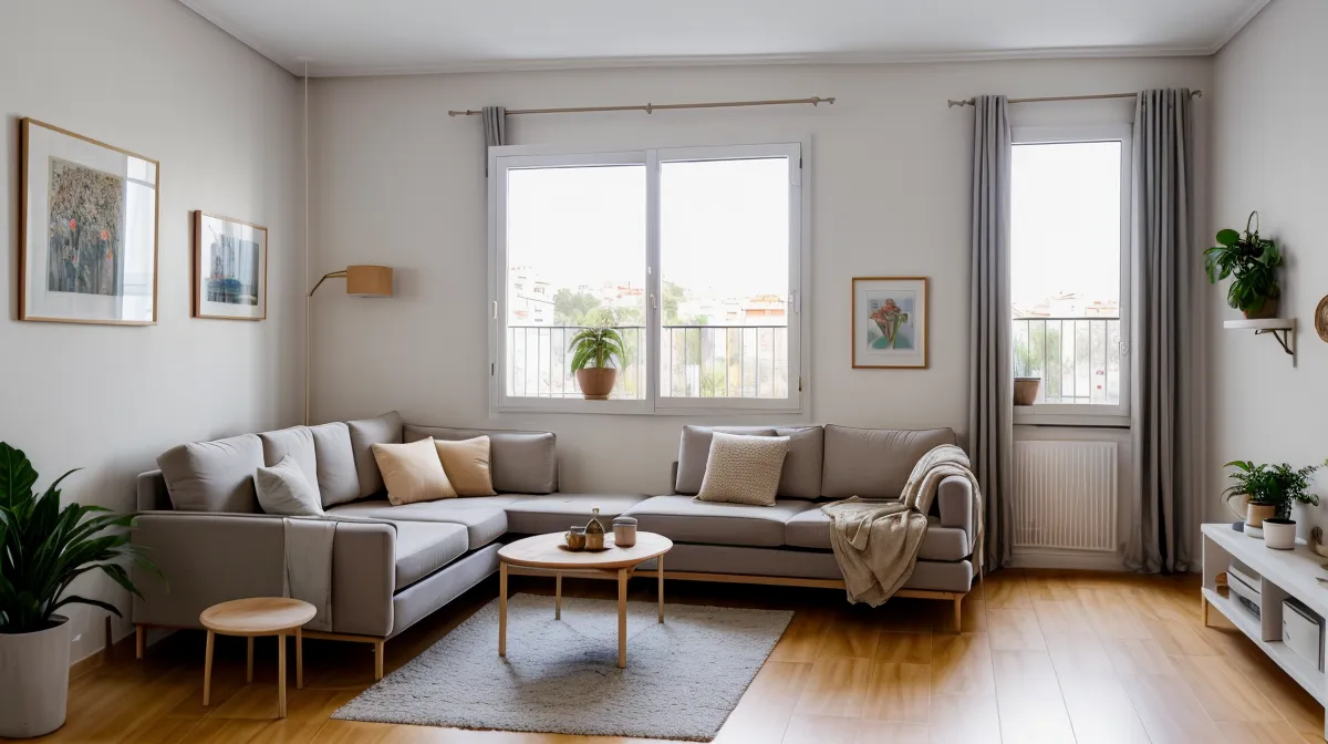 Salón pequeño de alquiler con el sofá gris elegido a escala del espacio disponible