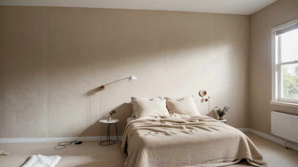 Pared beige vacía de dormitorio de alquiler sin cabecero junto a las almohadas