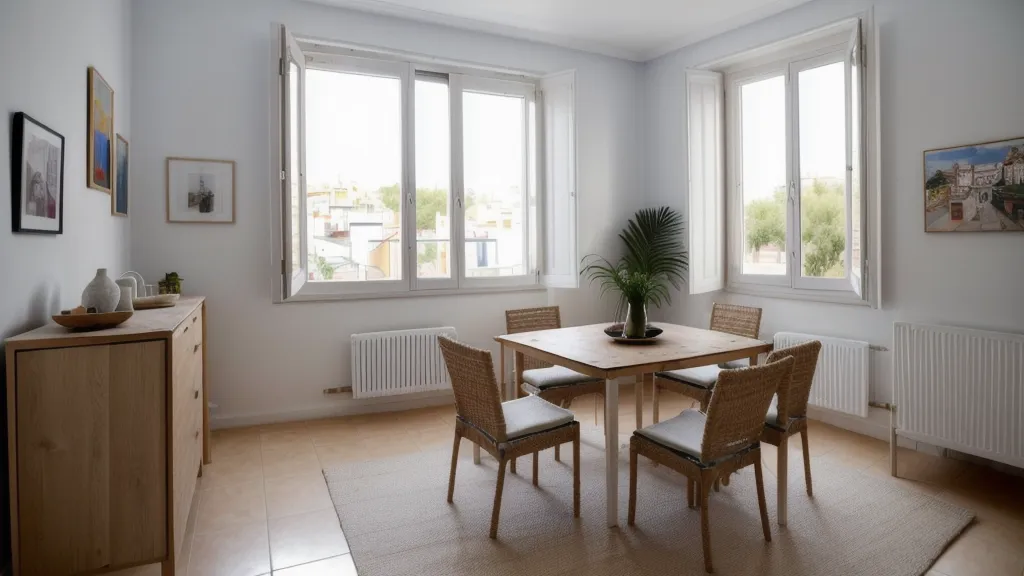 Alfombra demasiado pequeña bajo la mesa del comedor, un error habitual de reforma sin obras en un piso de alquiler