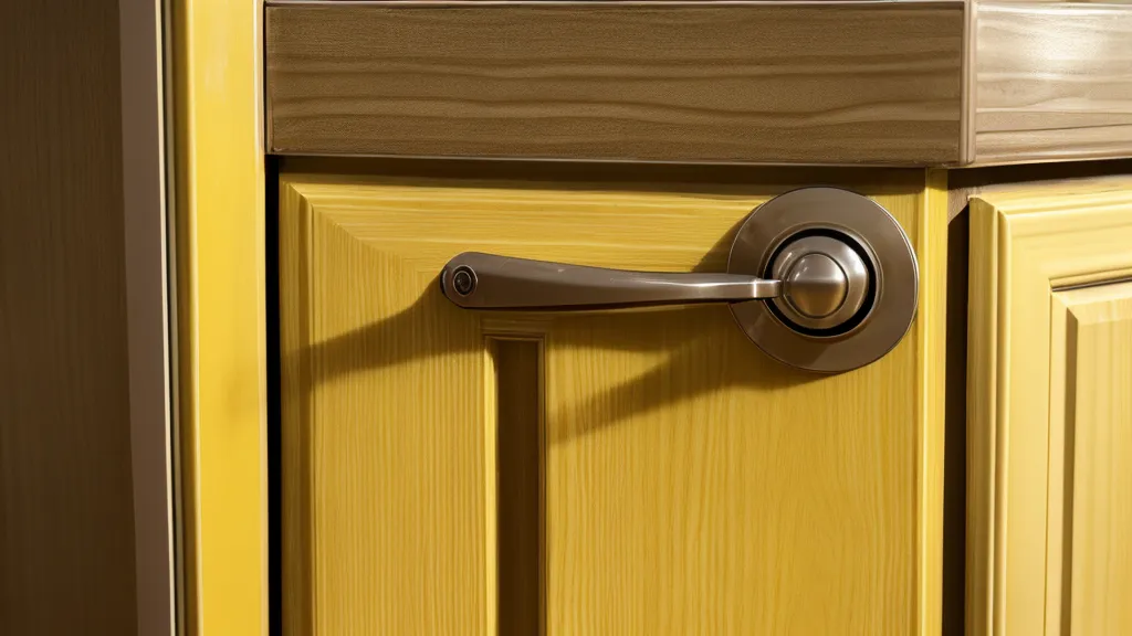 Detalle de puerta de armario de cocina anticuada antes de forrar con vinilo