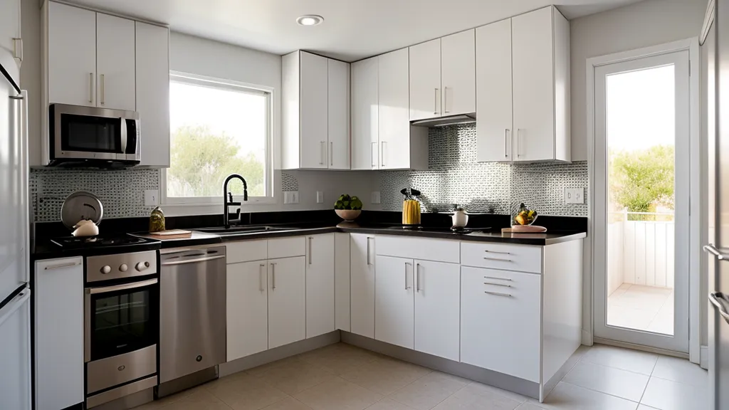 Cocina de alquiler renovada con vinilo blanco mate y tiradores negros modernos