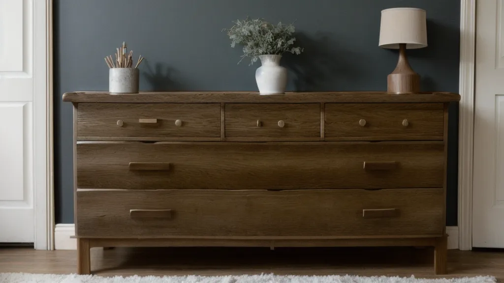 Restauración de muebles de segunda mano: cómoda de roble maciza desgastada antes de lijarla
