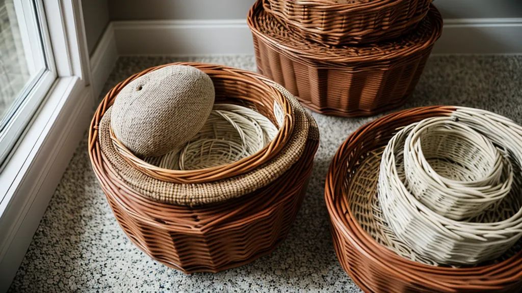 Juego de tres cestas de mimbre en nido para decorar low cost con fibras naturales