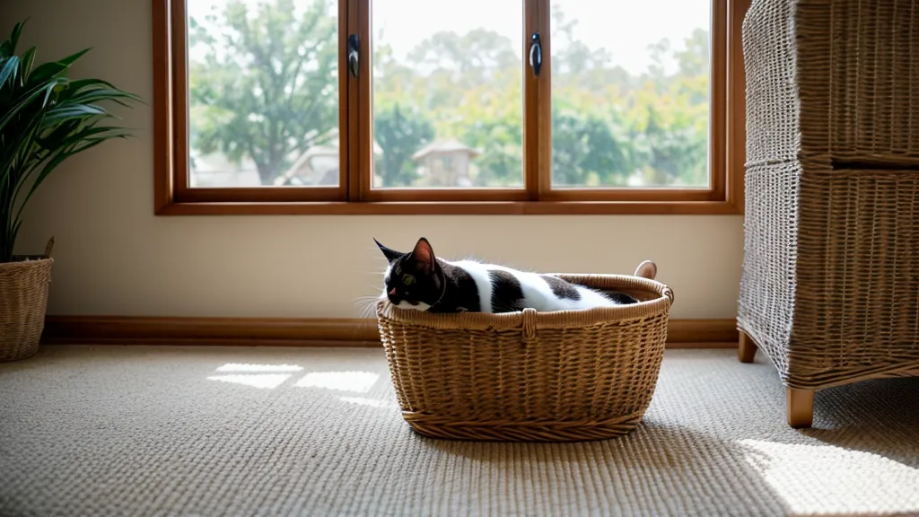Gato curioseando una cesta de mimbre, una fibra natural que exige vigilancia con mascotas