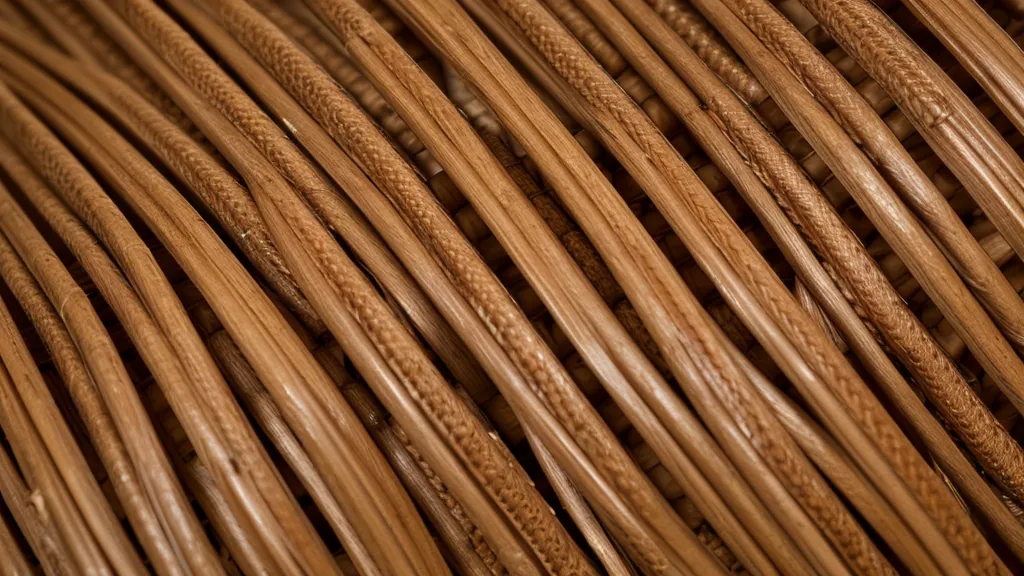Detalle del tejido de una cesta de fibras naturales de ratán para organizar el hogar
