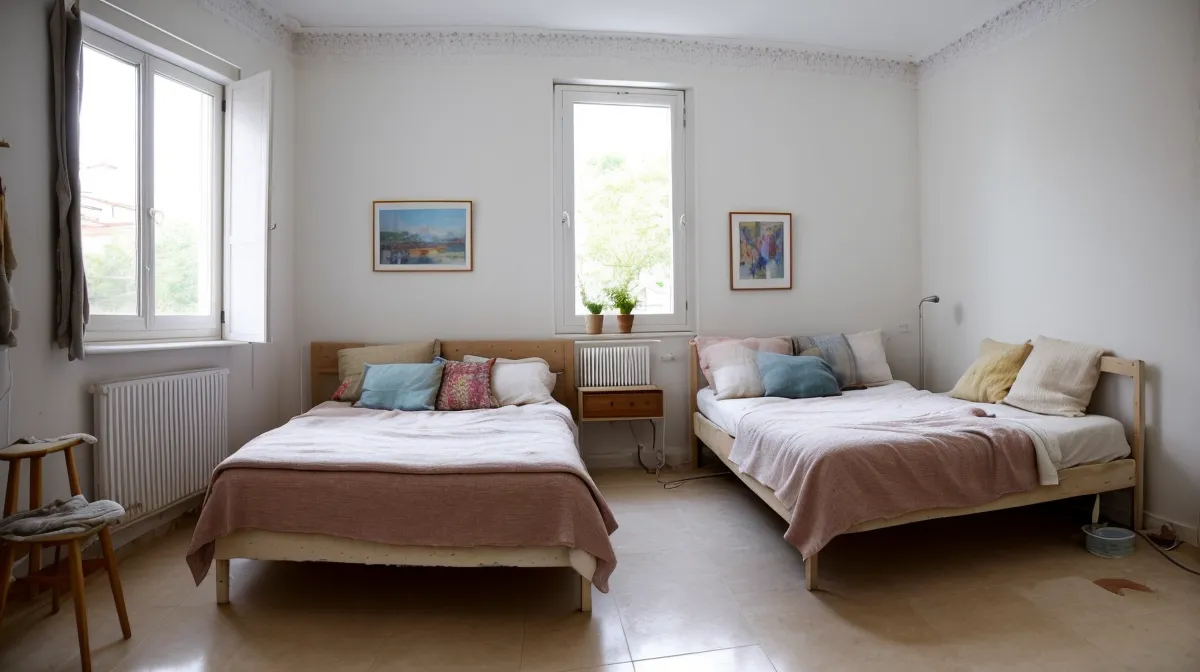 Salón con paredes beige decorado en un piso de alquiler, ideas para decorar sin taladrar
