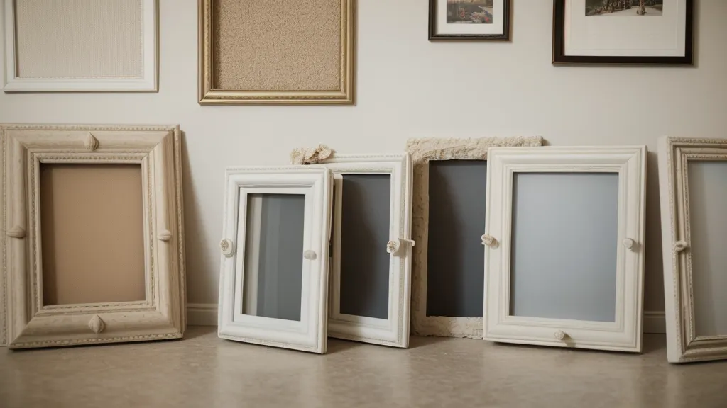 Marcos pequeños repartidos sin orden en una pared beige grande de un salón alquilado