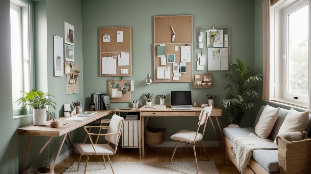 Rincón de trabajo en casa con escritorio de madera y estilo profesional para teletrabajo