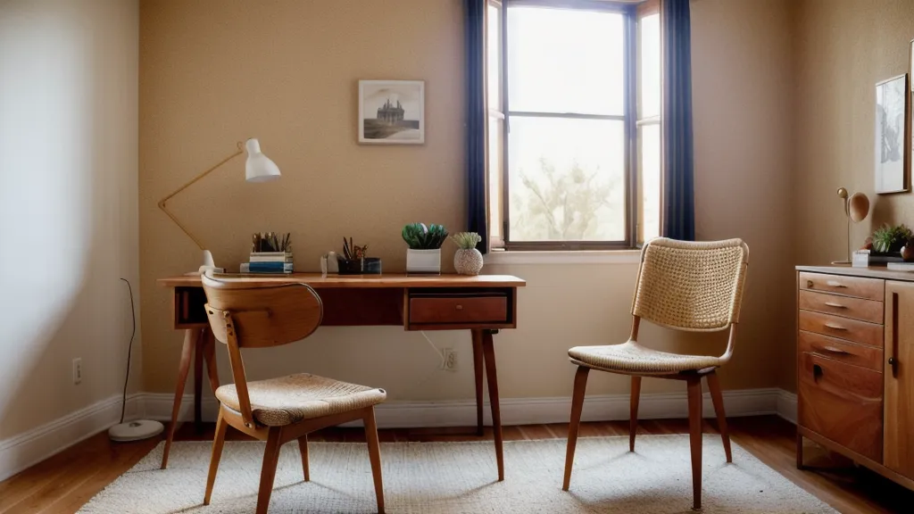 Silla de diseño junto a un escritorio con cables organizados en un piso de alquiler con estilo profesional