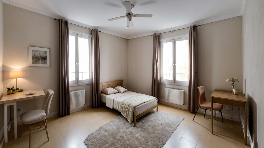 Dormitorio pequeño de alquiler con edredón de estampado oscuro que genera profundidad visual en las paredes
