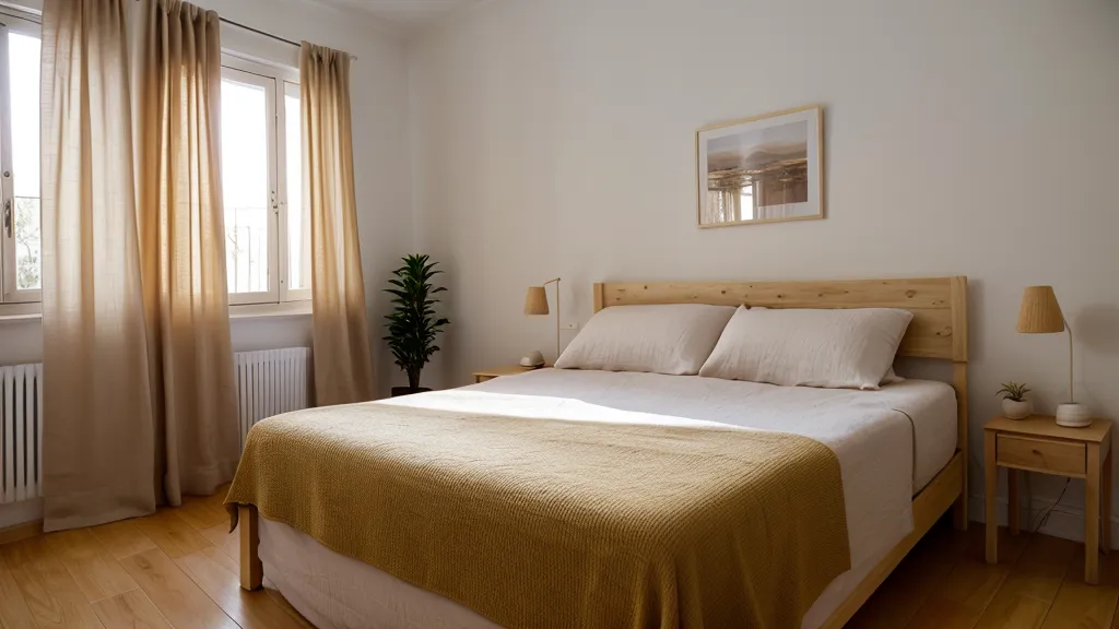 Luz cálida filtrada por cortinas de gasa sobre ropa de cama de algodón en un dormitorio pequeño