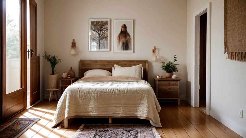 Vista completa de un dormitorio pequeño de alquiler decorado con textiles en capas, estilo mediterráneo