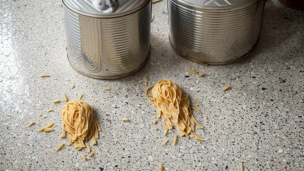 Latas y paquetes de pasta caídos de un armario de despensa pequeña, suelo de terrazo antiguo en una cocina de alquiler.