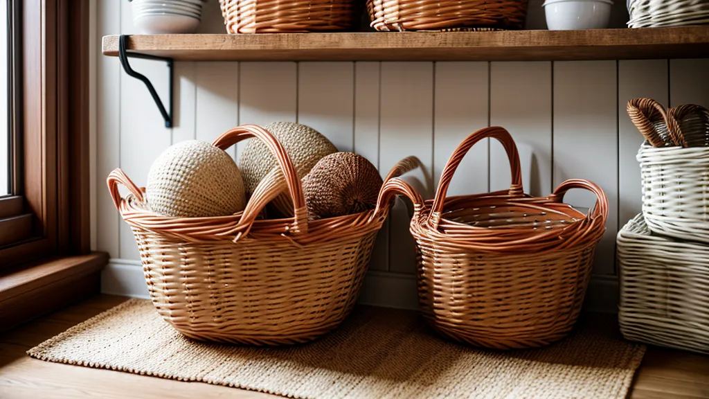 Cesta de mimbre demasiado ancha para el estante de una despensa pequeña, error típico al organizar la cocina.