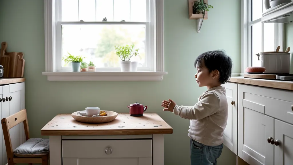 Niño pequeño intentando abrir un armario de cocina con cierre de seguridad, organización infantil en una despensa pequeña.