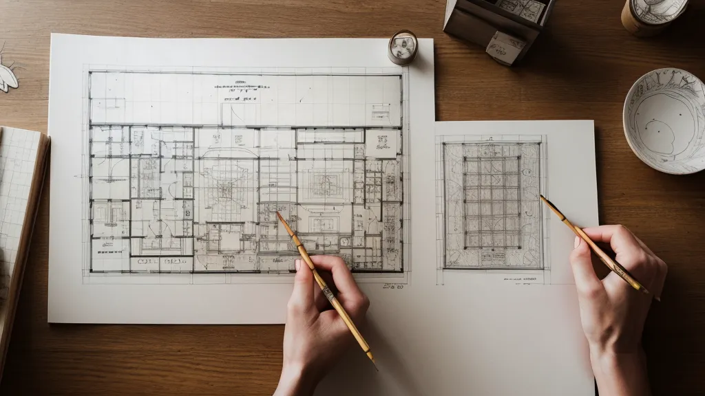 Plano de un salón dibujado a escala sobre papel cuadriculado durante un curso de diseño de interiores a distancia