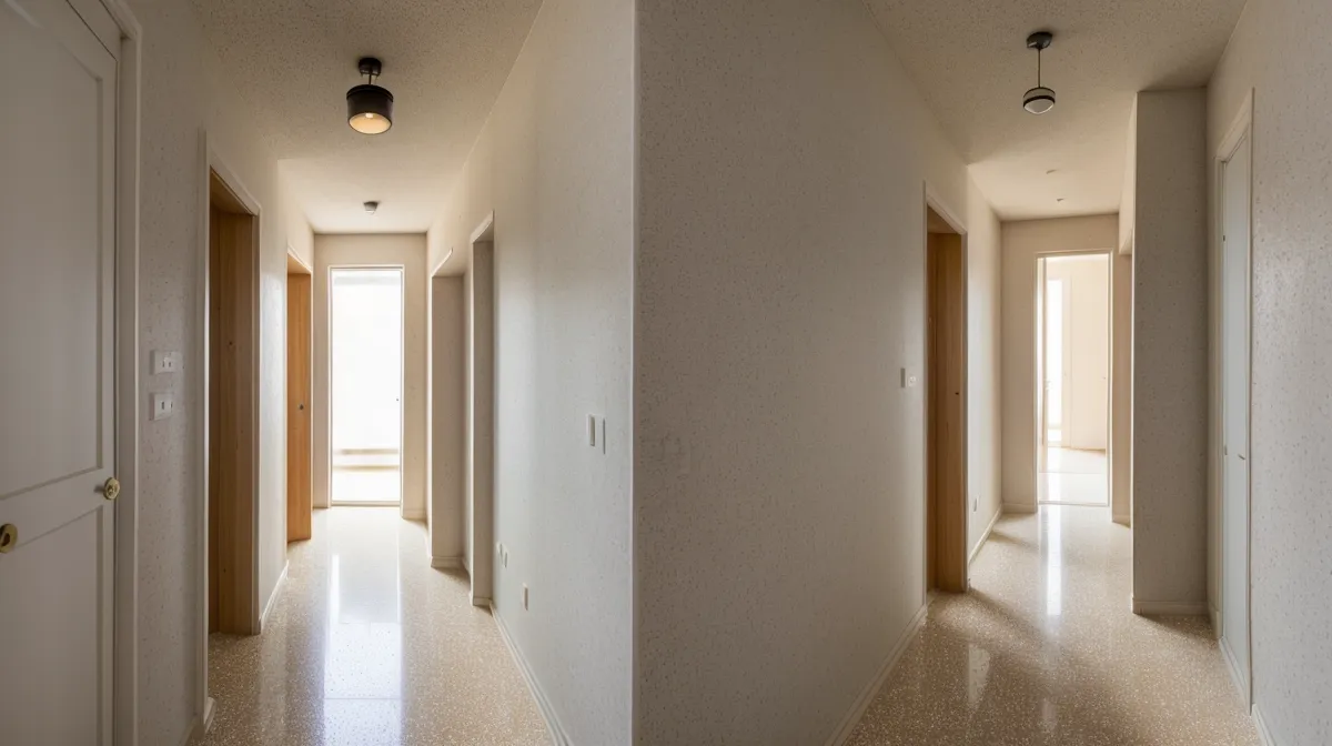 Pasillo largo y estrecho de un piso de alquiler decorado con una galería de cuadros al fondo