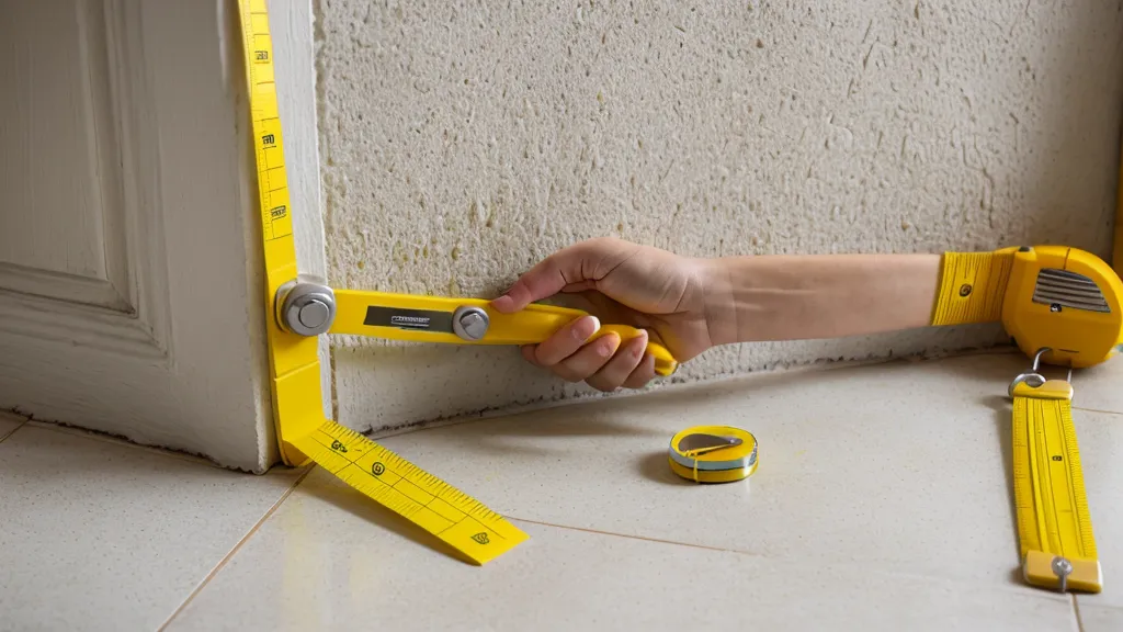 Midiendo la altura de 145 centímetros en la pared para colgar cuadros a la altura de la línea de visión