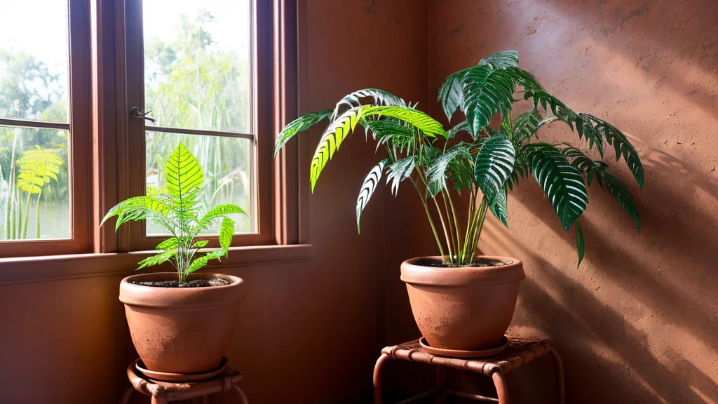 Planta Zamioculca saludable en un baño con luz cálida y ambiente húmedo.