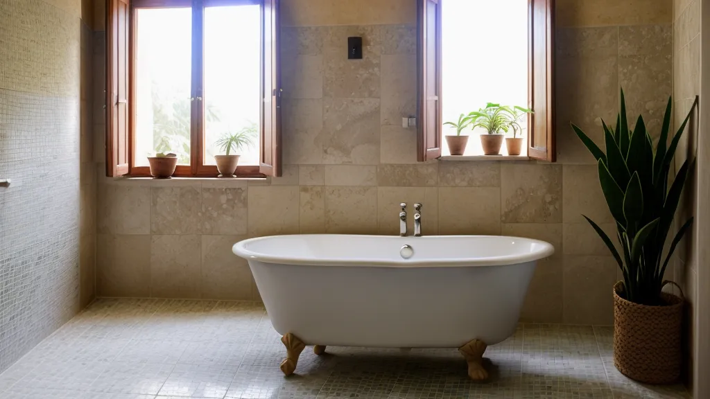 Cestas de mimbre y una planta Sansevieria organizando un baño de alquiler.