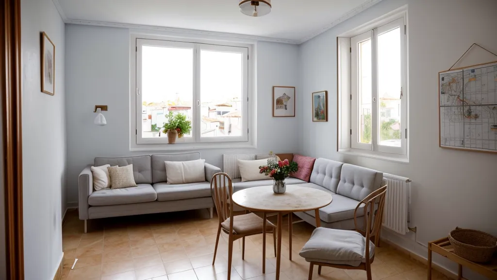 Cuaderno de la formación en interiorismo con plano y cinta métrica sobre la mesa del salón