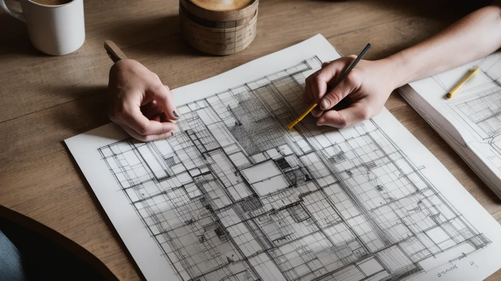 Boceto de distribución de muebles para zonificar un espacio abierto